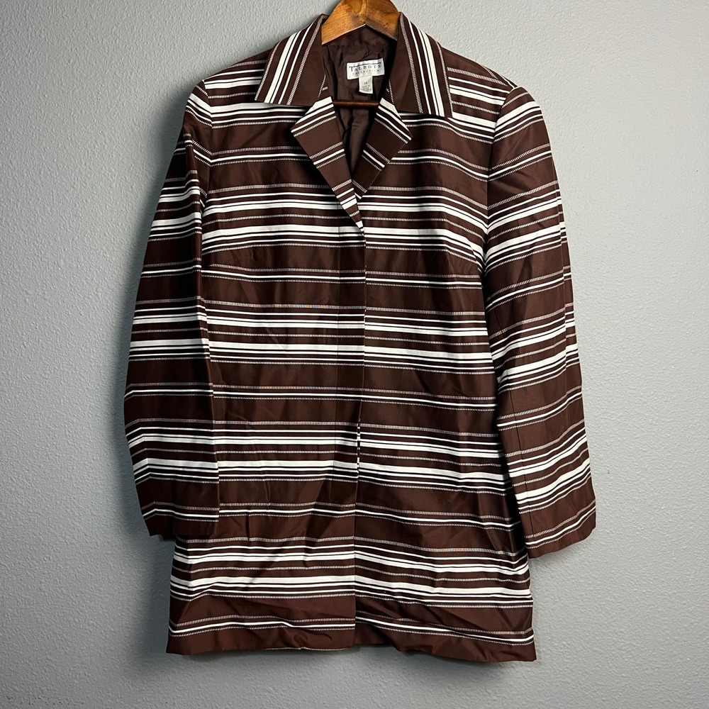 Vtg Talbots Collection Brown Striped Cotton Silk Blend‎ Blazer Jacket Size 14